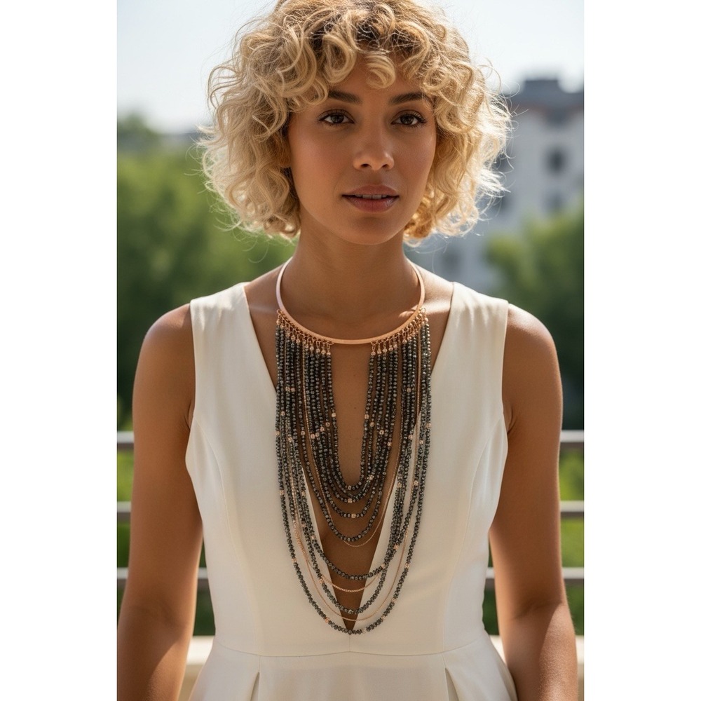VINTAGE RUNWAY MULTI STRAND GOLD CHAIN BEADED BIB COLLAR NECKLACE